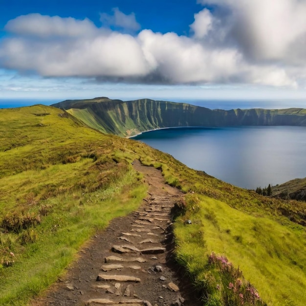 Photo paysage de montagne avec sentier de randonnée et vue sur de beaux lacs ponta delgada île de são miguel