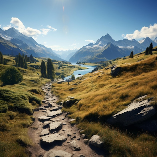 Paysage de montagne avec sentier de randonnée et vue sur de beaux lacs Pour les médias sociaux Post Size