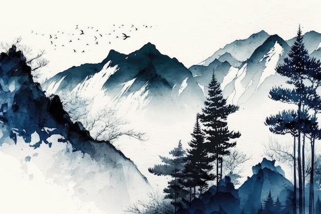 Paysage de montagne serein avec arbres et oiseaux Generative AI
