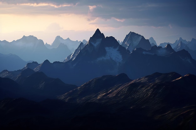 Paysage de montagne avec des sommets enneigés au coucher du soleil