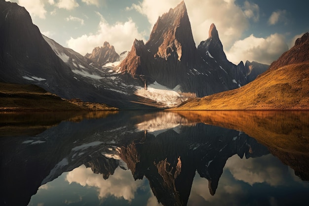 Paysage de montagne spectaculaire reflété dans un lac calme créé avec ai génératif