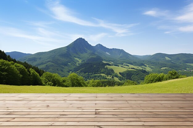 Photo paysage de montagne avec une table en planche de bois en plein air