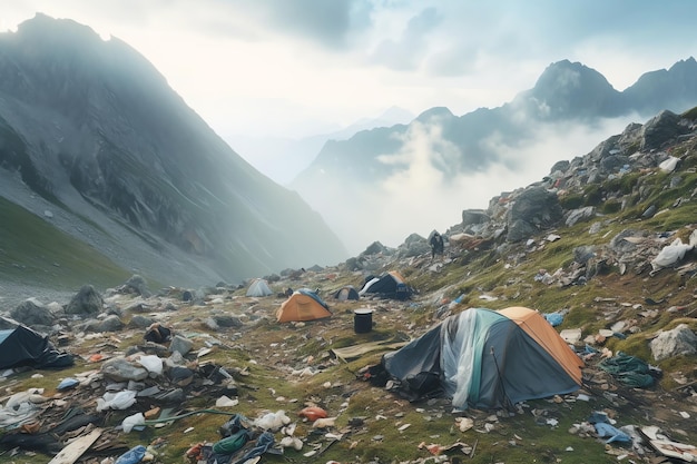 Un paysage de montagne avec des tentes et des montagnes en arrière-plan