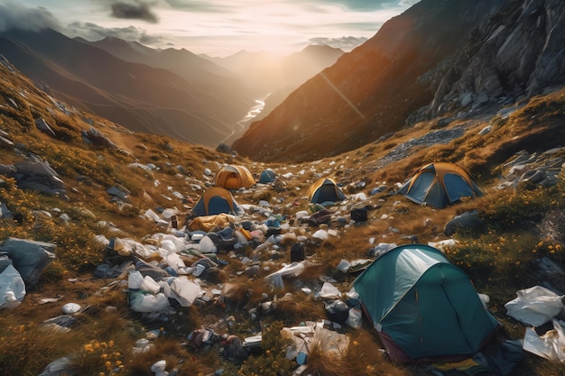 Un paysage de montagne avec des tentes et des montagnes en arrière-plan