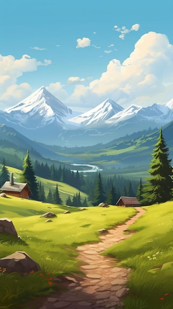 un paysage de montagne avec un village en arrière-plan.