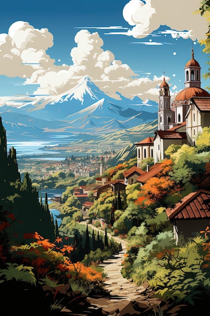 un paysage de montagne avec une ville et un lac en arrière-plan
