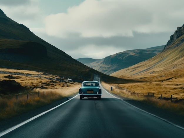 Un paysage de montagne avec une voiture roulant sur la route ai générative