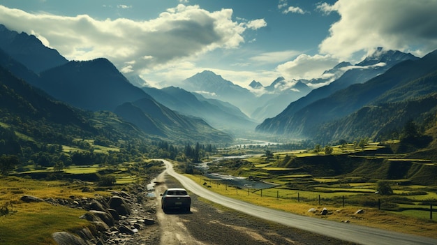 Un paysage de montagne avec une voiture roulant sur la route