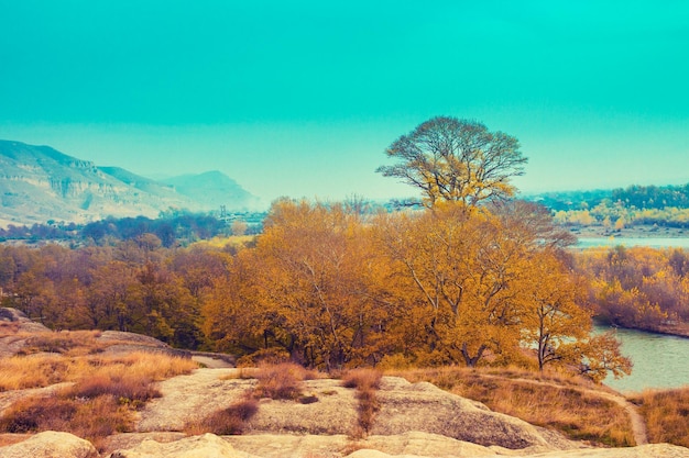 Paysage de montagne Vue depuis la ville troglodyte antique Uplistsikhe Géorgie Europe