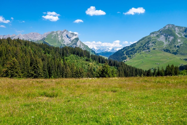 Paysage de montagne et vue sur le Mont Blanc à La Clusaz, Haute-savoie, France