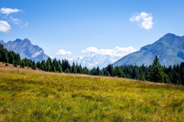 Paysage de montagne et vue sur le Mont Blanc à La Clusaz, Haute-savoie, France