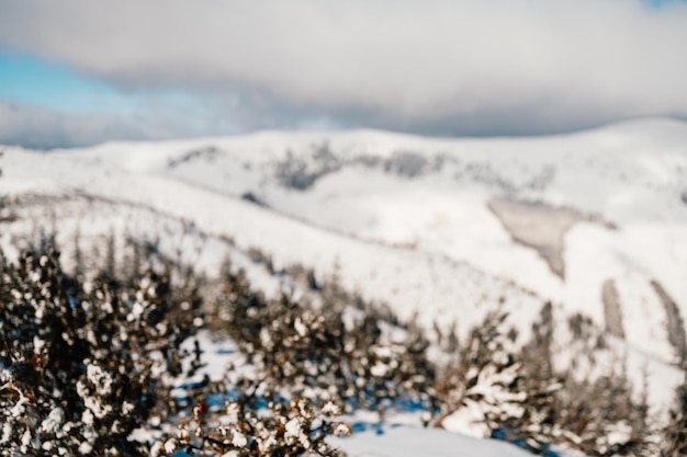 Paysage de montagnes alpines avec neige blanche et ciel bleu Coucher de soleil hiver dans la nature Arbres givrés sous la lumière du soleil Merveilleux paysage hivernal