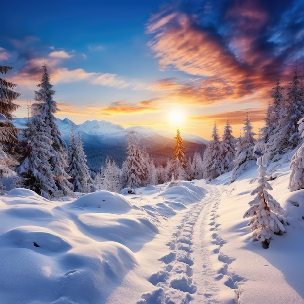 Paysage de montagnes alpines avec de la neige blanche et un ciel bleu Sunset hiver dans la nature Des arbres gelés sous la lumière chaude du soleil Génératif ai