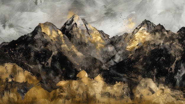 Paysage de montagnes aquarelle or noir grunge généré par l'IA