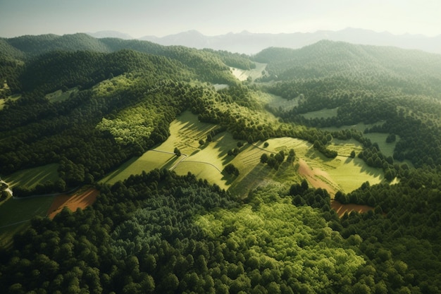 Un paysage de montagnes avec des arbres et des collines au premier plan.