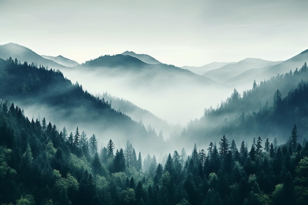 Un paysage de montagnes boisées remplies de brouillard