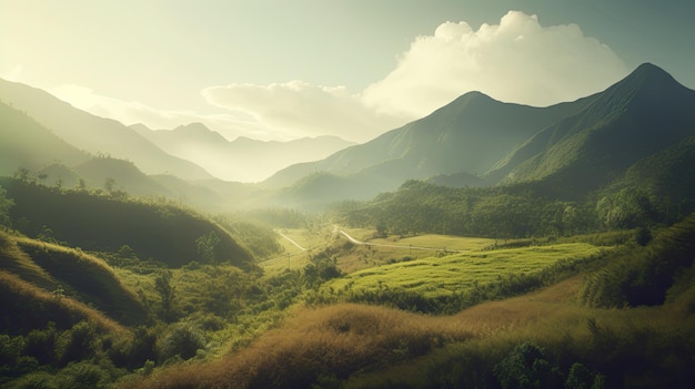 Un paysage avec des montagnes et un ciel nuageux