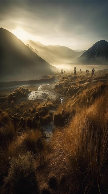 Un paysage avec des montagnes et un coucher de soleil en arrière-plan