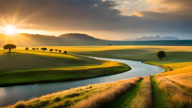 Un paysage avec des montagnes et un coucher de soleil