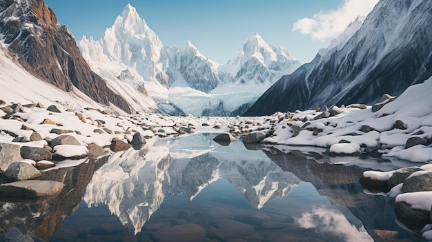 Un paysage de montagnes enneigées avec des montagnes en arrière-plan