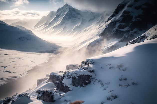 Paysage de montagnes d'hiver brumeux