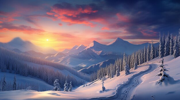 le paysage de montagnes d'hiver avec un lever de soleil majestueux