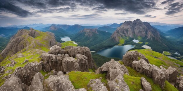 Un paysage avec des montagnes et un lac en arrière-plan