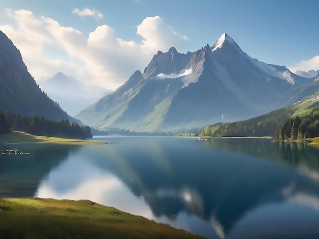 Un paysage avec des montagnes et un lac au fond