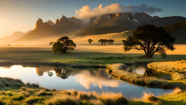 Un paysage avec des montagnes et un lac au premier plan