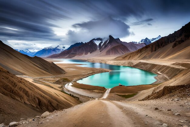 Un paysage de montagnes et un lac avec un ciel nuageux