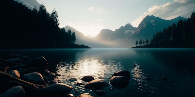 Un paysage avec des montagnes et un lac avec un coucher de soleil en arrière-plan