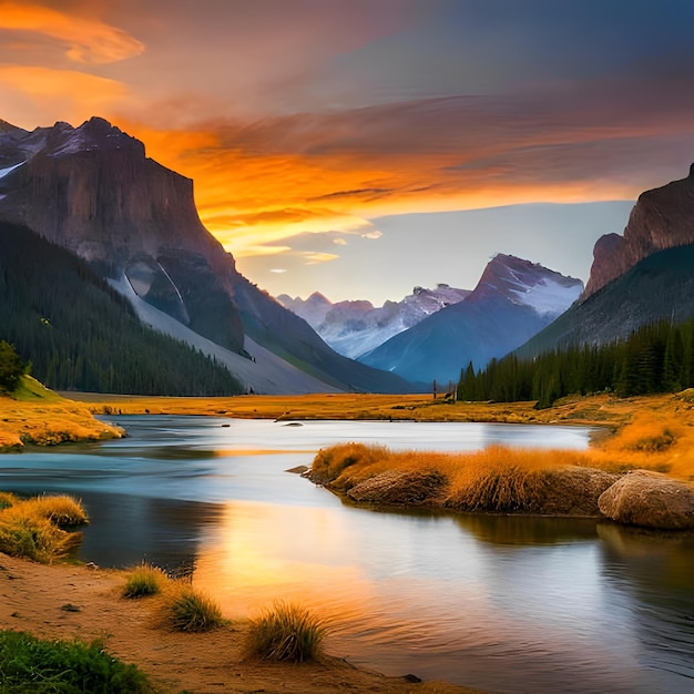 Un paysage avec des montagnes et un lac avec un coucher de soleil en arrière-plan.