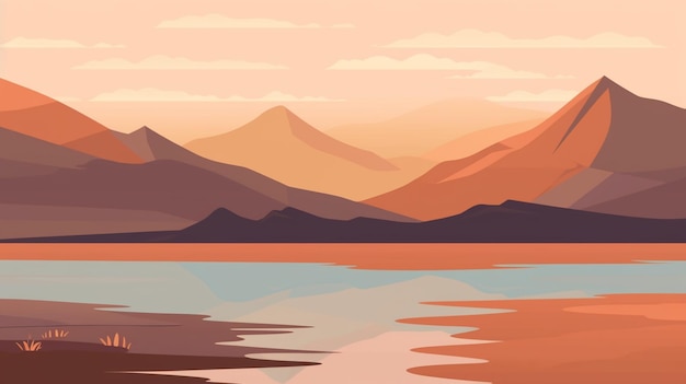 Un paysage avec des montagnes et un lac avec un coucher de soleil en arrière-plan.