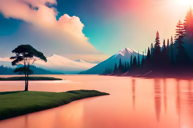 Un paysage avec des montagnes et un lac avec un lac et un arbre avec un ciel rose.