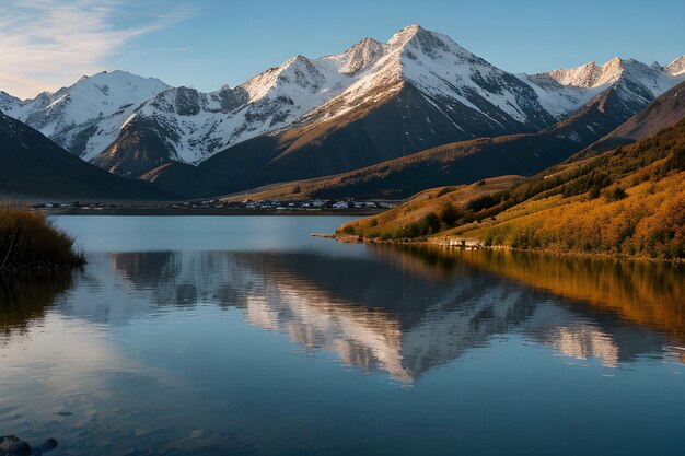 un paysage avec des montagnes et un lac