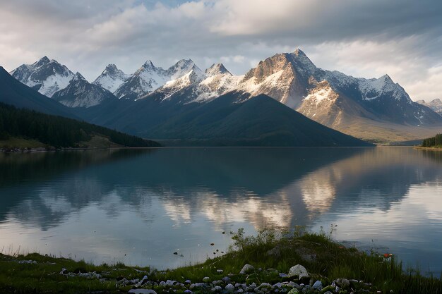 un paysage avec des montagnes et un lac