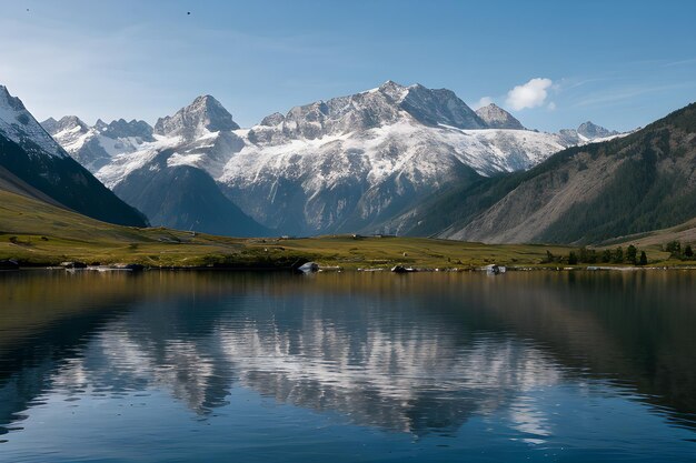 un paysage avec des montagnes et un lac