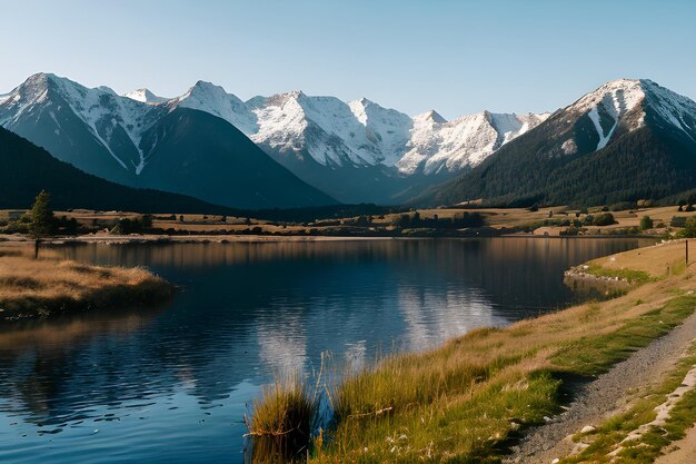 un paysage avec des montagnes et un lac