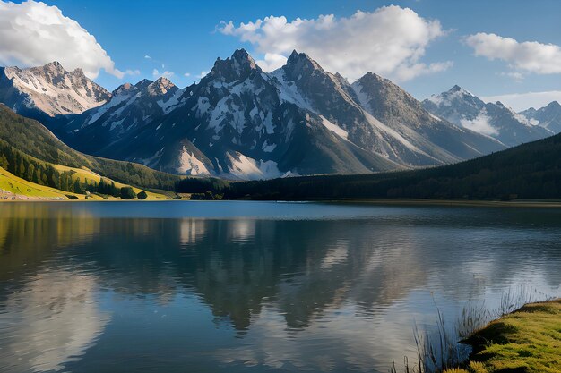 un paysage avec des montagnes et un lac