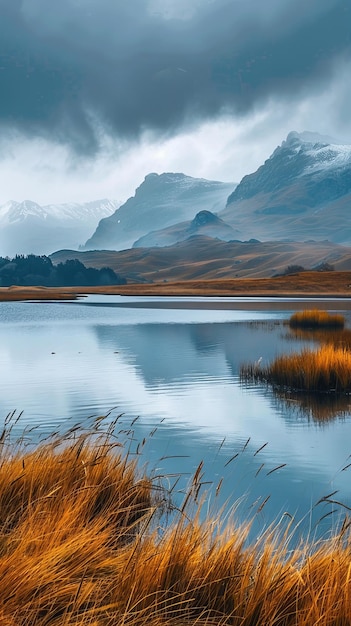 Paysage de montagnes et de lacs avec de l'herbe longue au premier plan