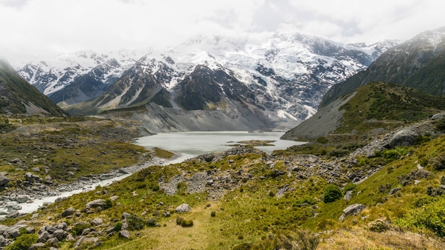 Paysage de montagnes, de lacs et de prairies