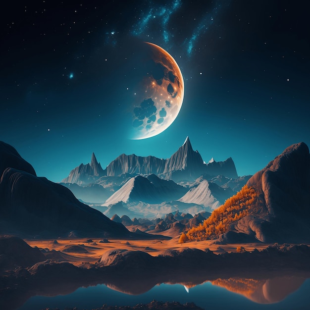 Paysage avec montagnes, lune et étoiles