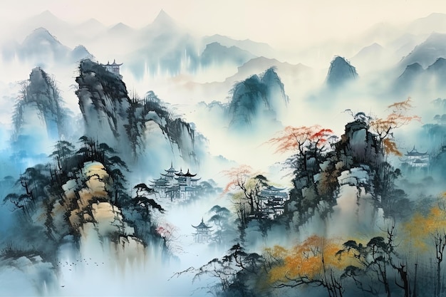 Le paysage des montagnes et des pagodes en Chine Peinture numérique Une peinture de montagne bleue capturant un beau paysage fabriqué à la main avec des coups de pinceau méticuleux AI Generated