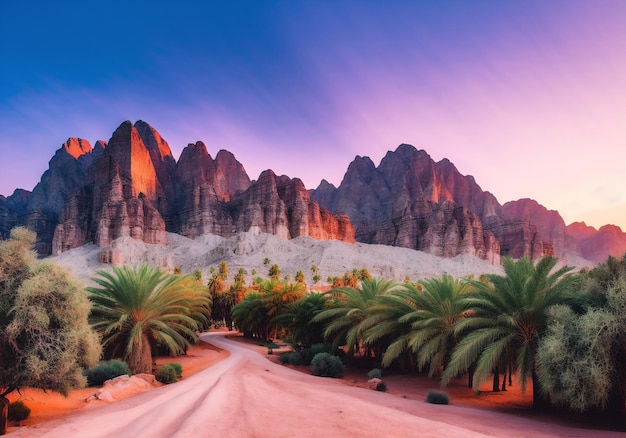 Photo paysage avec des montagnes et des palmiers ia générative