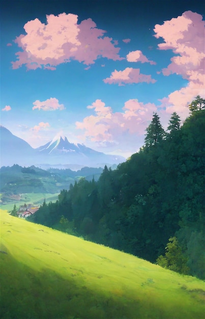 paysage avec des montagnes peut être utilisé comme fond d'anime ou fond de jeu.