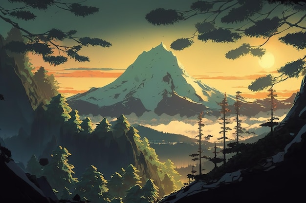 Paysage de montagnes avec des pics enneigés, des rochers, une forêt verte et un ciel bleu du soir Generative AI