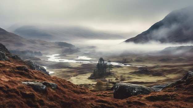 Un paysage avec des montagnes et une rivière au loin