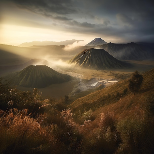 Un paysage avec des montagnes et une rivière au premier plan et le soleil qui brille à travers les nuages.