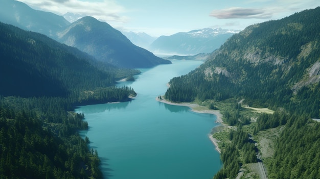 Un paysage avec des montagnes et une rivière au premier plan