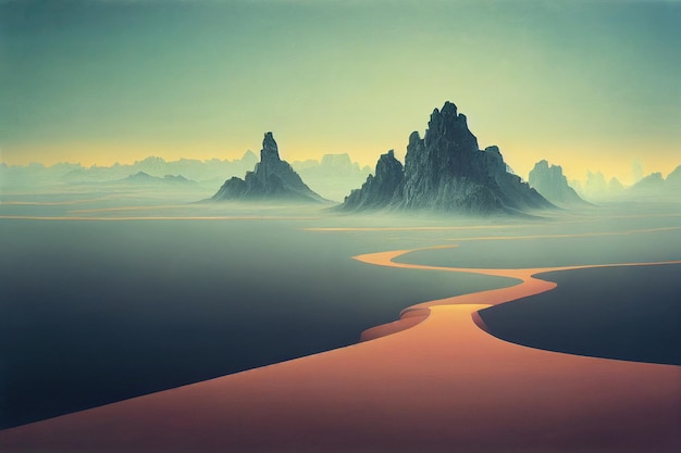 Paysage avec montagnes et rivière dans la vallée au lever du soleil, illustration